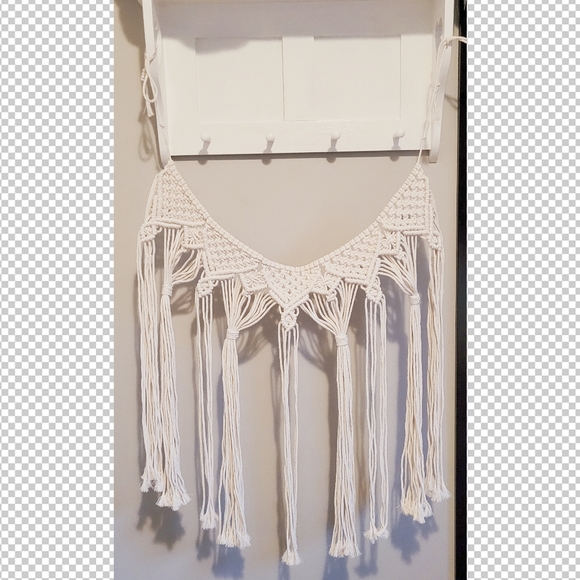 Macrame white hanging wall decor tassels hand-made cotton rope tapestry - Picture 2 of 6